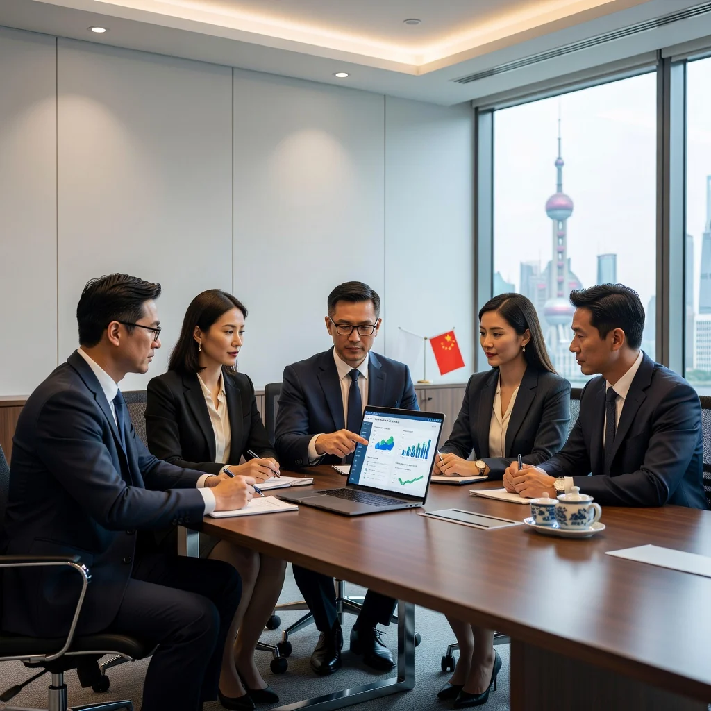 A professional Chinese business meeting in a modern office, where a diverse group of adults is discussing a SaaS subscription agreement on a laptop, symbolizing compliance and business partnership in China, photorealistic style.