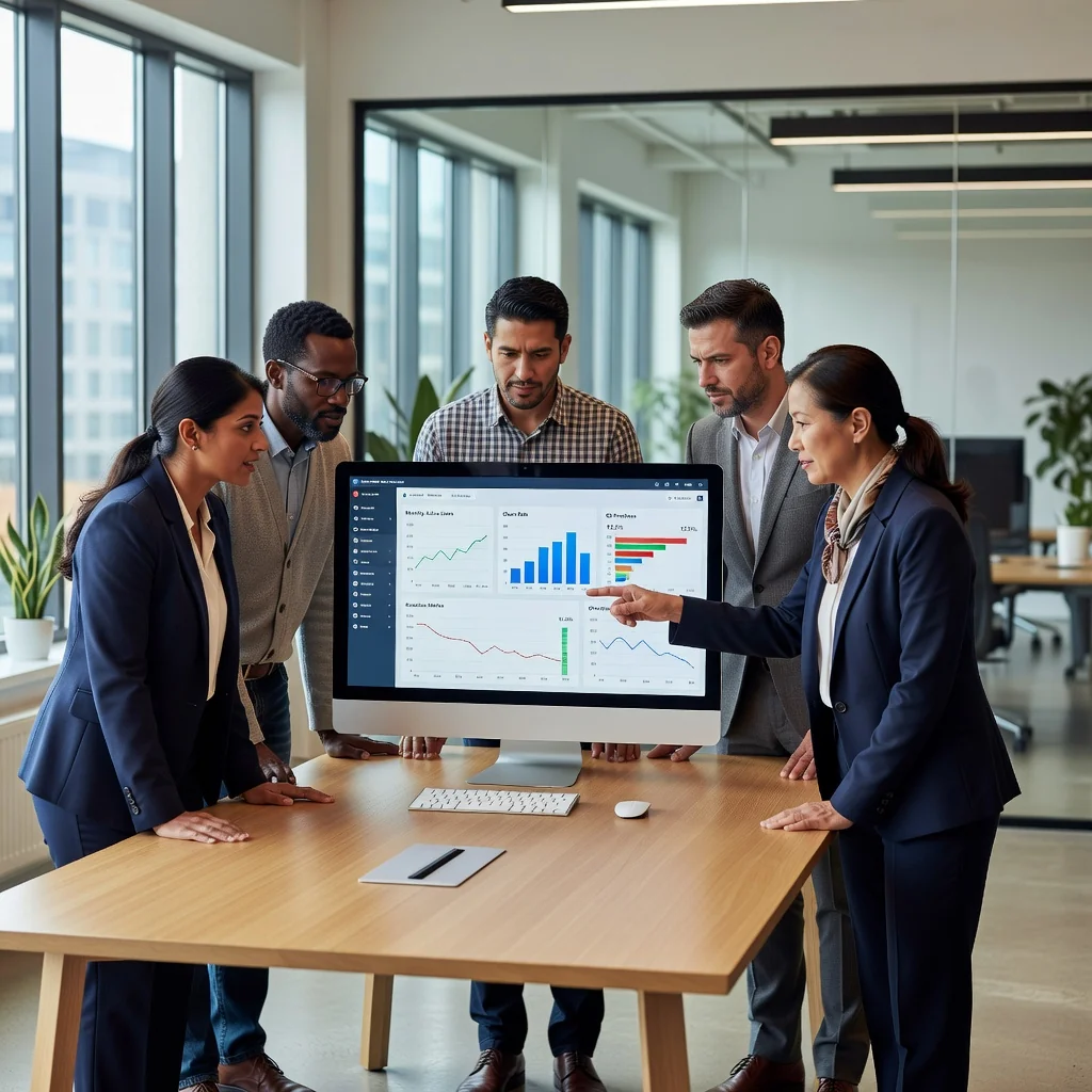 A professional business scene depicting a team of adults in a modern office, collaboratively reviewing a digital subscription dashboard on a large screen, symbolizing careful management of SaaS agreements to avoid pitfalls, with a sense of caution and strategy in their expressions.