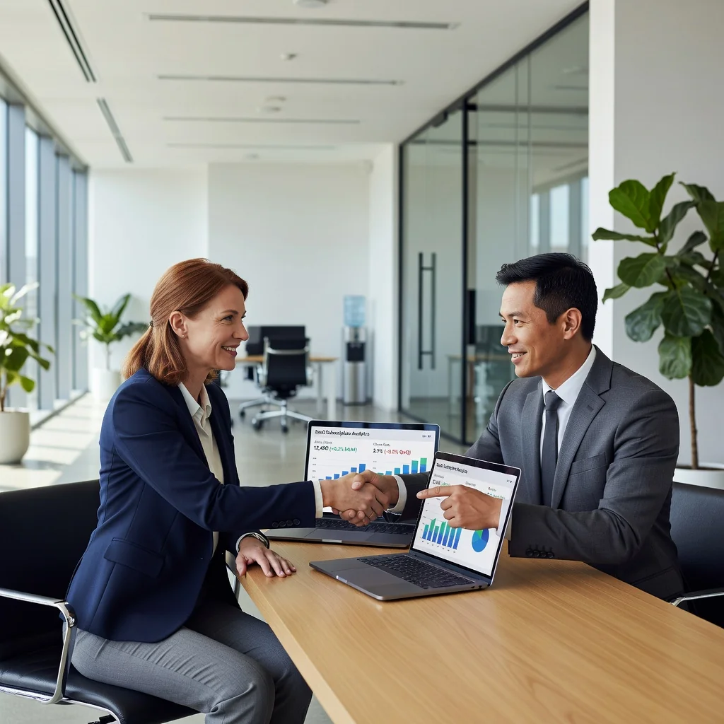 A photorealistic image of two professionals in a modern office setting, shaking hands over a laptop displaying a subscription dashboard, symbolizing a successful SaaS agreement partnership. The scene conveys trust, technology, and business collaboration, with no children present.