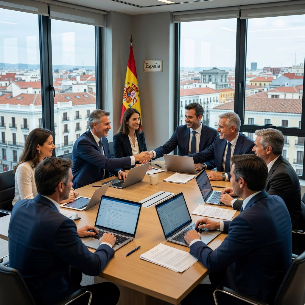 A photorealistic image of a professional business meeting in a modern Spanish office, with adults discussing SaaS software on laptops, symbolizing contract agreements in the Spanish context, no children present.