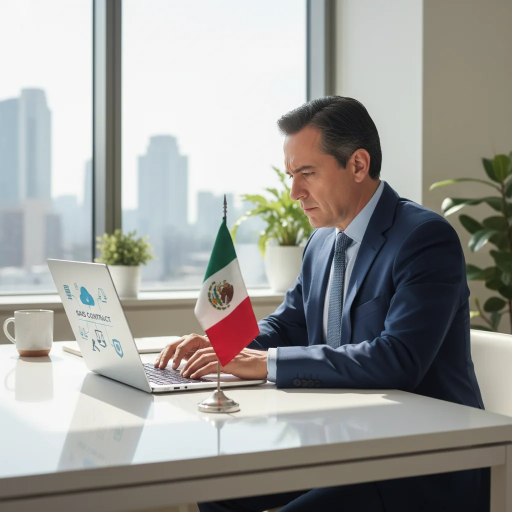 A photorealistic image of a professional Mexican businessperson in a modern office setting, reviewing a digital contract on a laptop screen that displays SaaS software icons, symbolizing rights and obligations in SaaS agreements, with elements like a Mexican flag subtly in the background to represent the Mexican context, conveying trust, technology, and legal assurance in a cloud-based service environment.