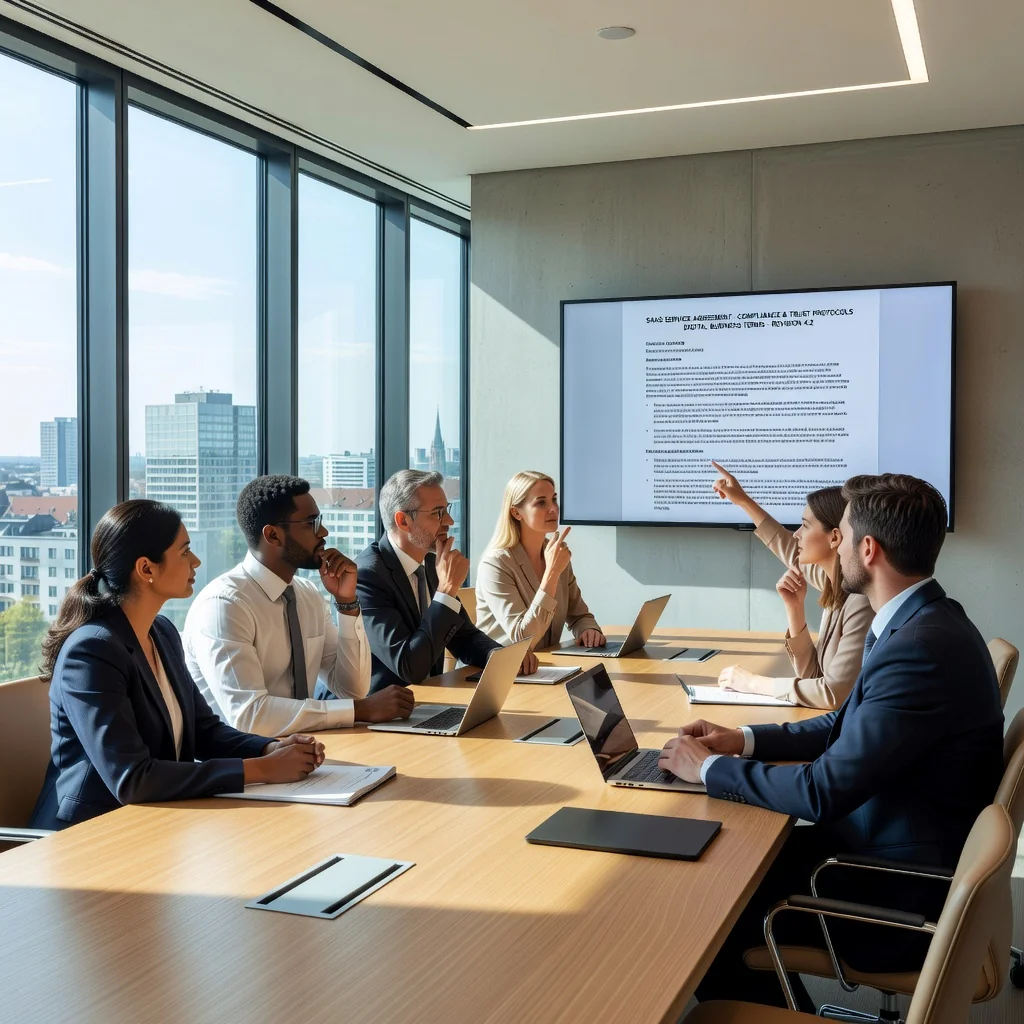 A photorealistic image of a professional business meeting in a modern German office, where a team of adults is discussing SaaS contract terms on a laptop, symbolizing legal requirements for software services in Germany, with subtle German flag elements in the background, no children present.