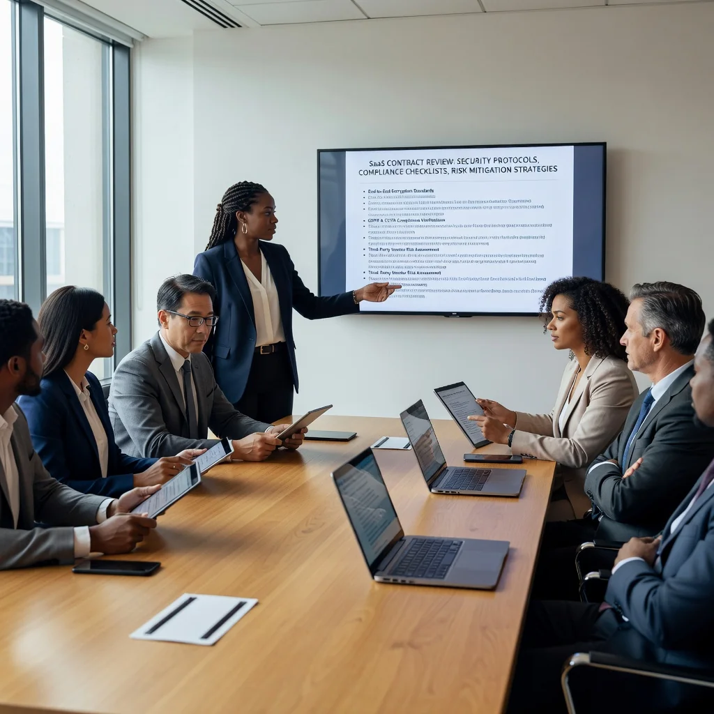 A photorealistic image of a professional business meeting in a modern office, where a team of adults is discussing SaaS contract terms on a digital tablet, symbolizing risk mitigation and legal protection in software agreements, no children present.