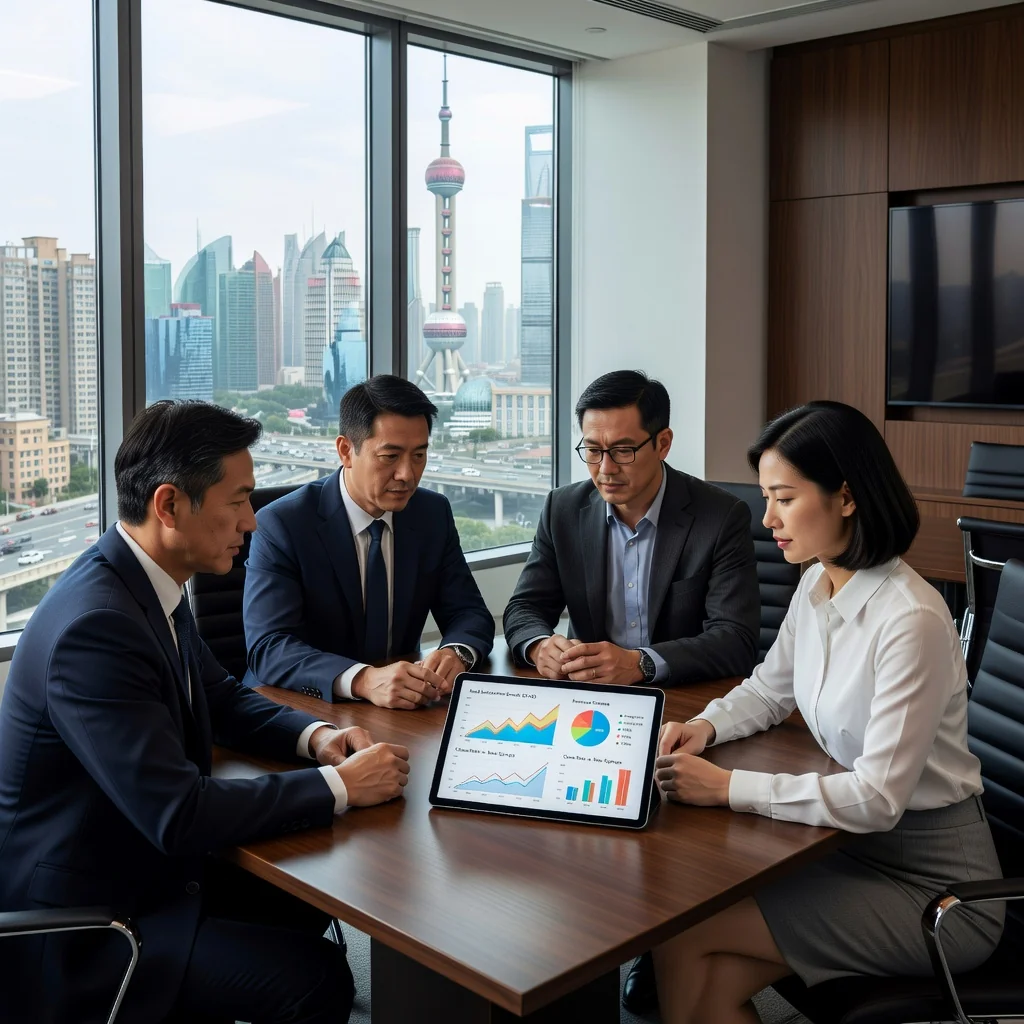 A professional business meeting in a modern Chinese office, where a diverse group of adults is discussing SaaS subscription agreements on a digital tablet, symbolizing risk management and avoidance strategies in the Chinese market, photorealistic style with natural lighting and authentic details.