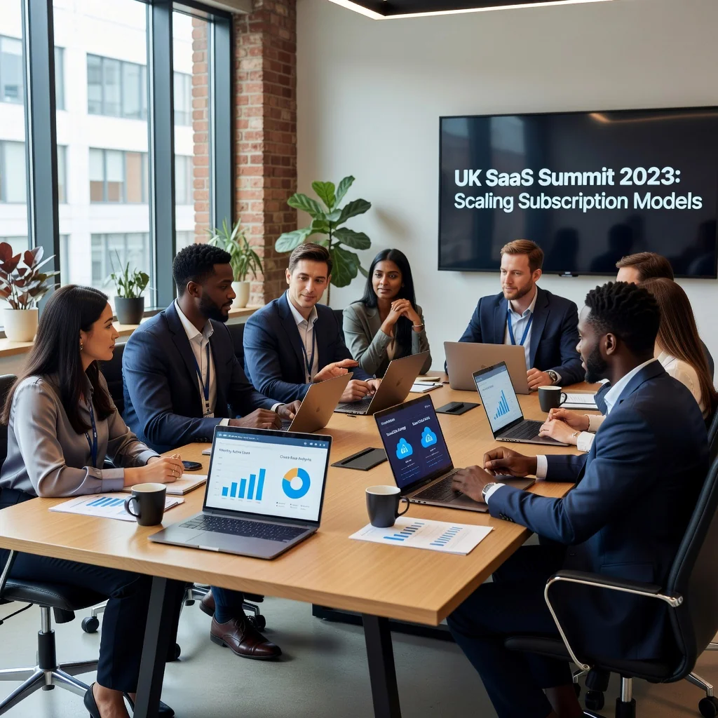 A professional business meeting in a modern UK office, with diverse adults discussing SaaS software on laptops and screens, symbolizing subscription agreements and technology partnerships, photorealistic style.