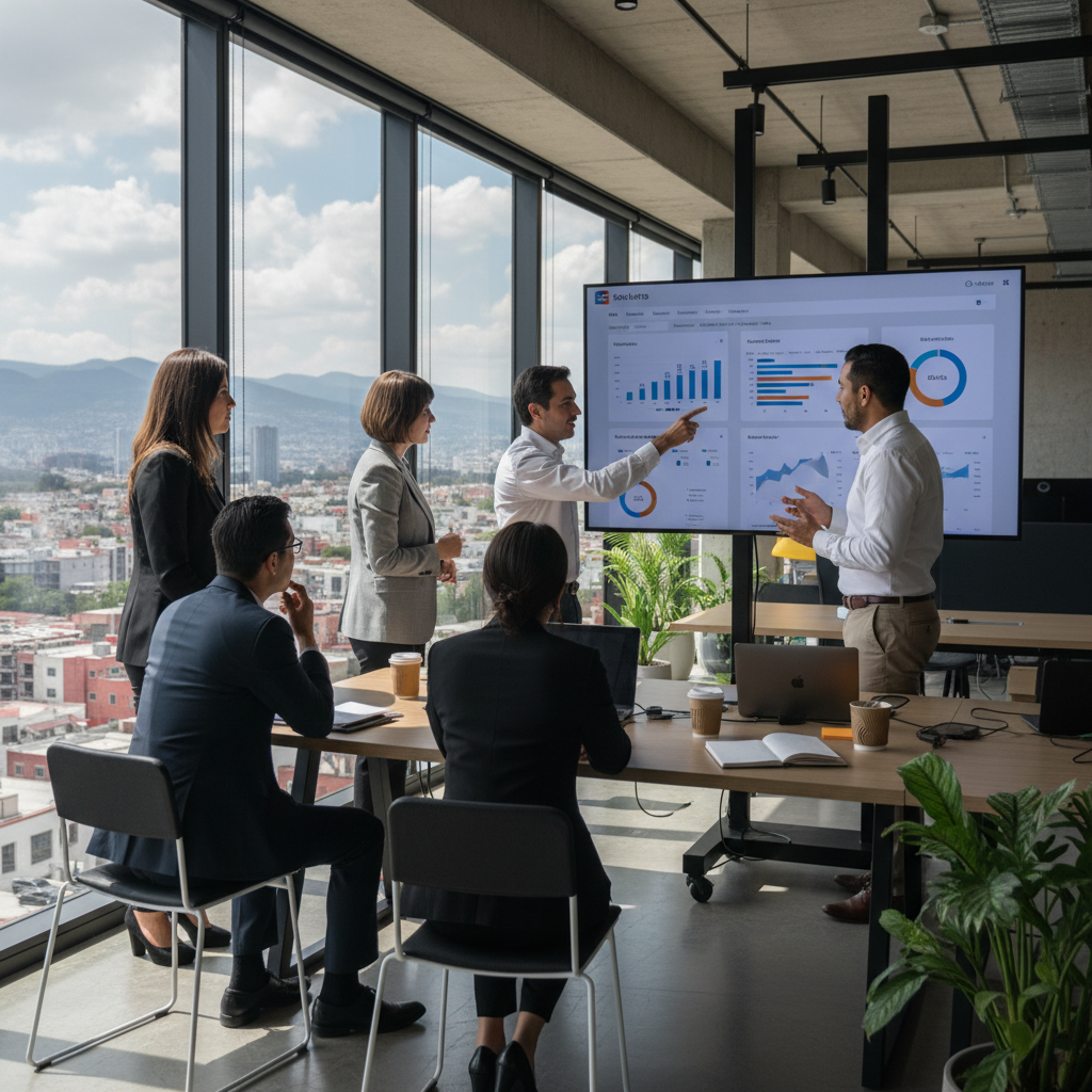 A photorealistic image of a diverse group of Mexican business professionals in a modern office setting, collaborating on a laptop displaying SaaS software interfaces, symbolizing subscription-based cloud services and digital business agreements in Mexico, with elements like Mexican flags or landmarks in the background for cultural relevance.