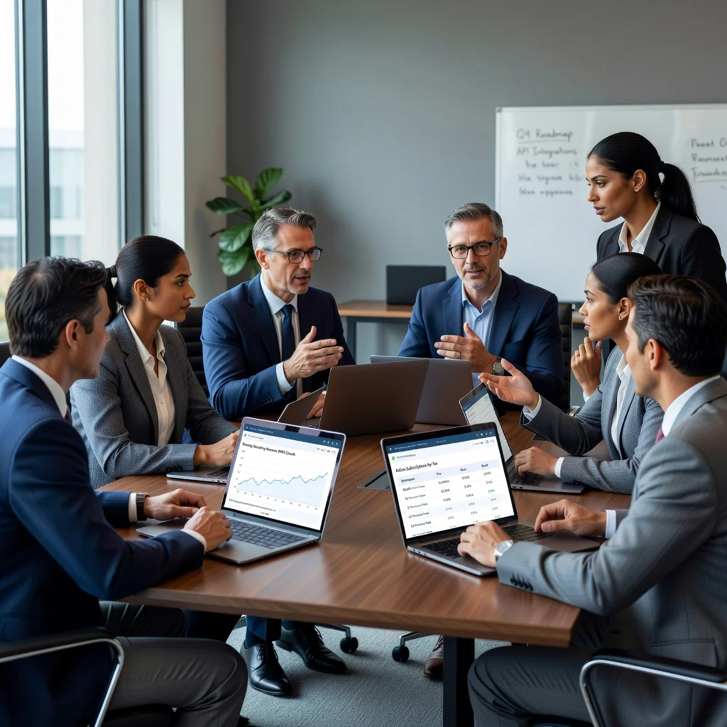 A professional business meeting in a modern office where a team of adults is discussing software services on laptops, symbolizing SaaS subscription agreements without showing any legal documents.