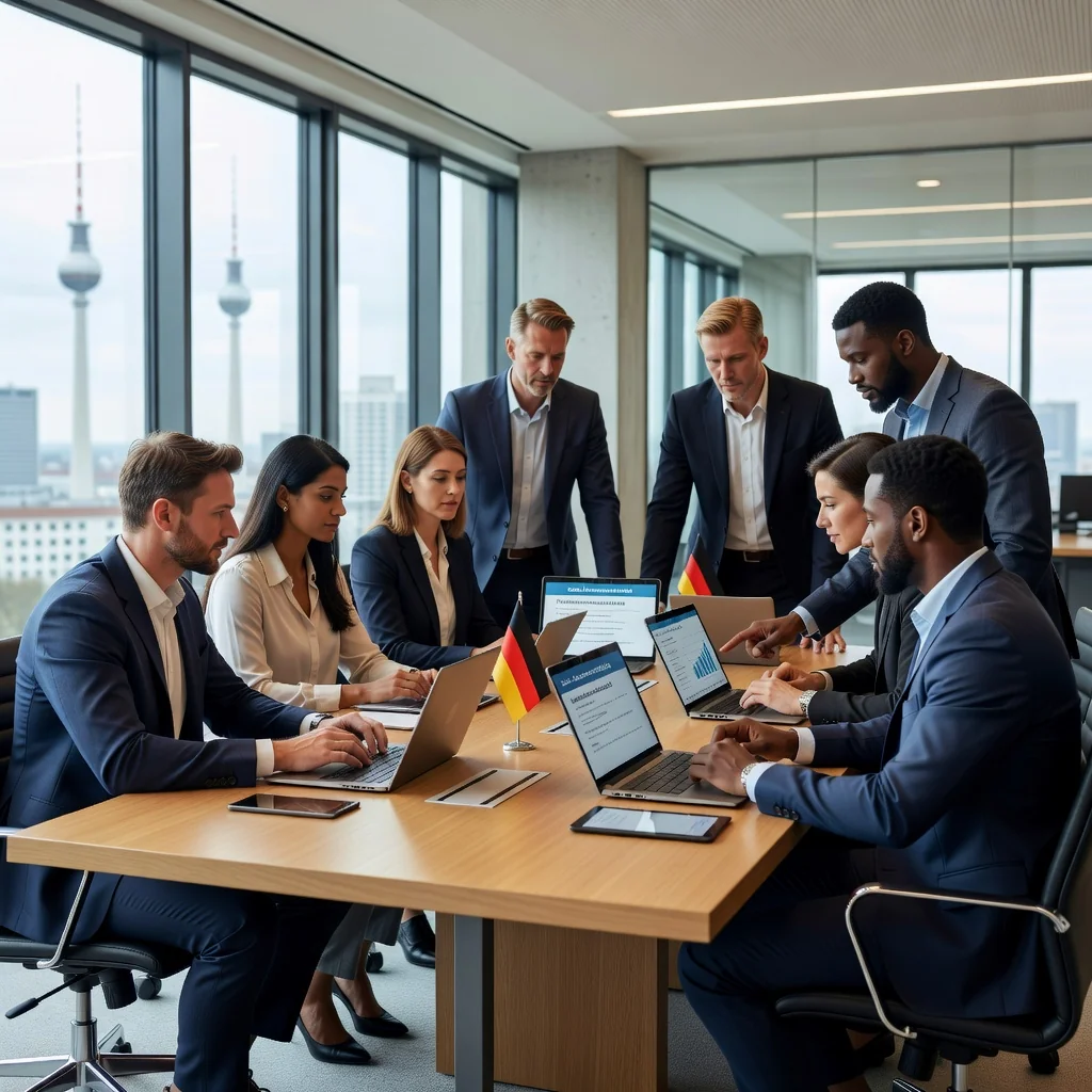 A professional business meeting in a modern German office, with adults discussing SaaS subscription agreements on laptops and tablets, symbolizing legal and contractual aspects of software services in Germany.