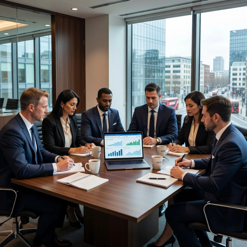 A photorealistic image of a professional business meeting in a modern UK office, where a diverse group of adults are discussing SaaS subscription terms on a laptop, symbolizing the collaborative and contractual aspects of SaaS agreements, with no children present.