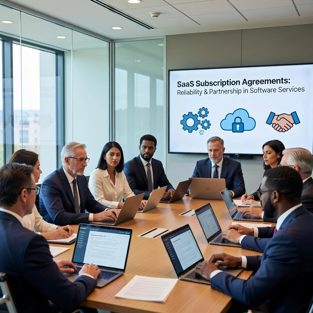A photorealistic image of a professional business meeting in a modern office, where adults are discussing SaaS subscription agreements on laptops and tablets, symbolizing the collaborative and contractual nature of software services in the US business environment. No children are present.
