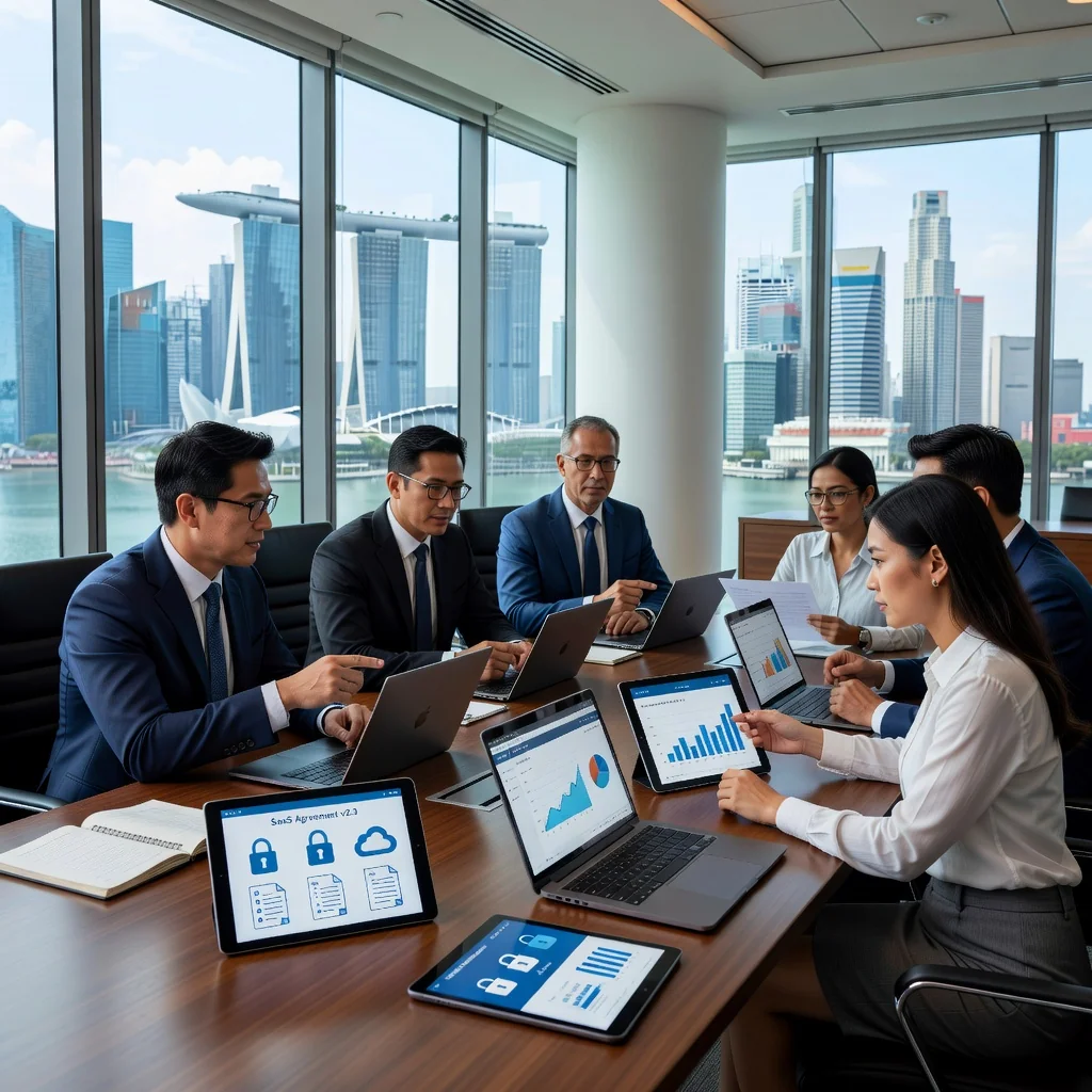 A photorealistic image of a professional business meeting in a modern Singapore office, with diverse adults discussing SaaS subscription agreements on laptops and tablets, overlooking the city skyline with elements like Marina Bay Sands, conveying trust, innovation, and legal compliance in software services.