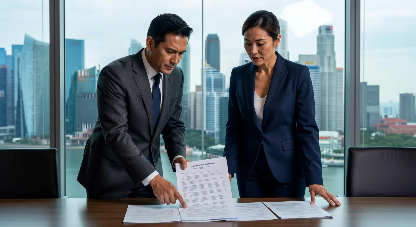 Business professionals reviewing SaaS contract