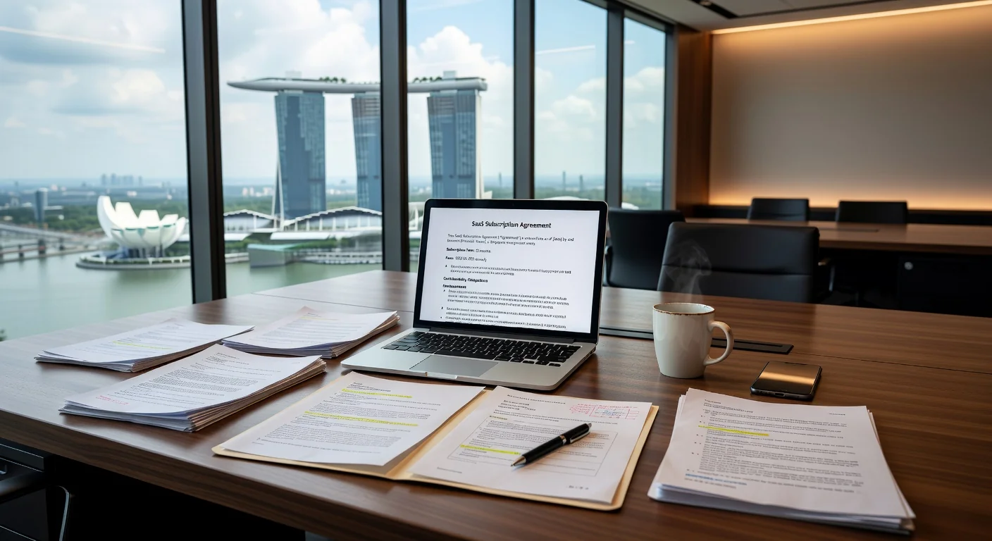 Singapore skyline with legal documents