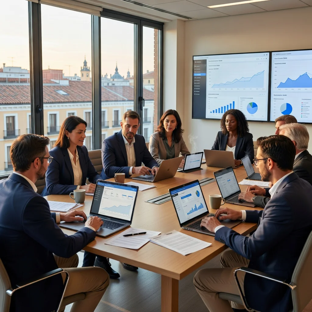 A professional business meeting in a modern Spanish office, with adults discussing SaaS subscription agreements on laptops, symbolizing digital service contracts in Spain.