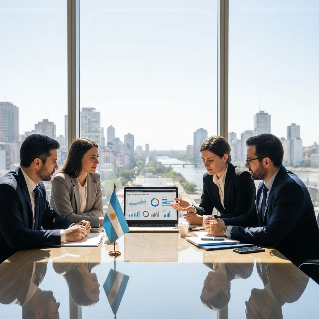 A photorealistic image depicting a professional business meeting in a modern Argentine office, where a diverse group of adults is discussing software subscription agreements on a laptop, symbolizing SaaS contracts in Argentina. The scene includes elements like the Argentine flag subtly in the background, coffee cups, and digital screens showing abstract software interfaces, conveying collaboration and legal business dealings without focusing on documents.