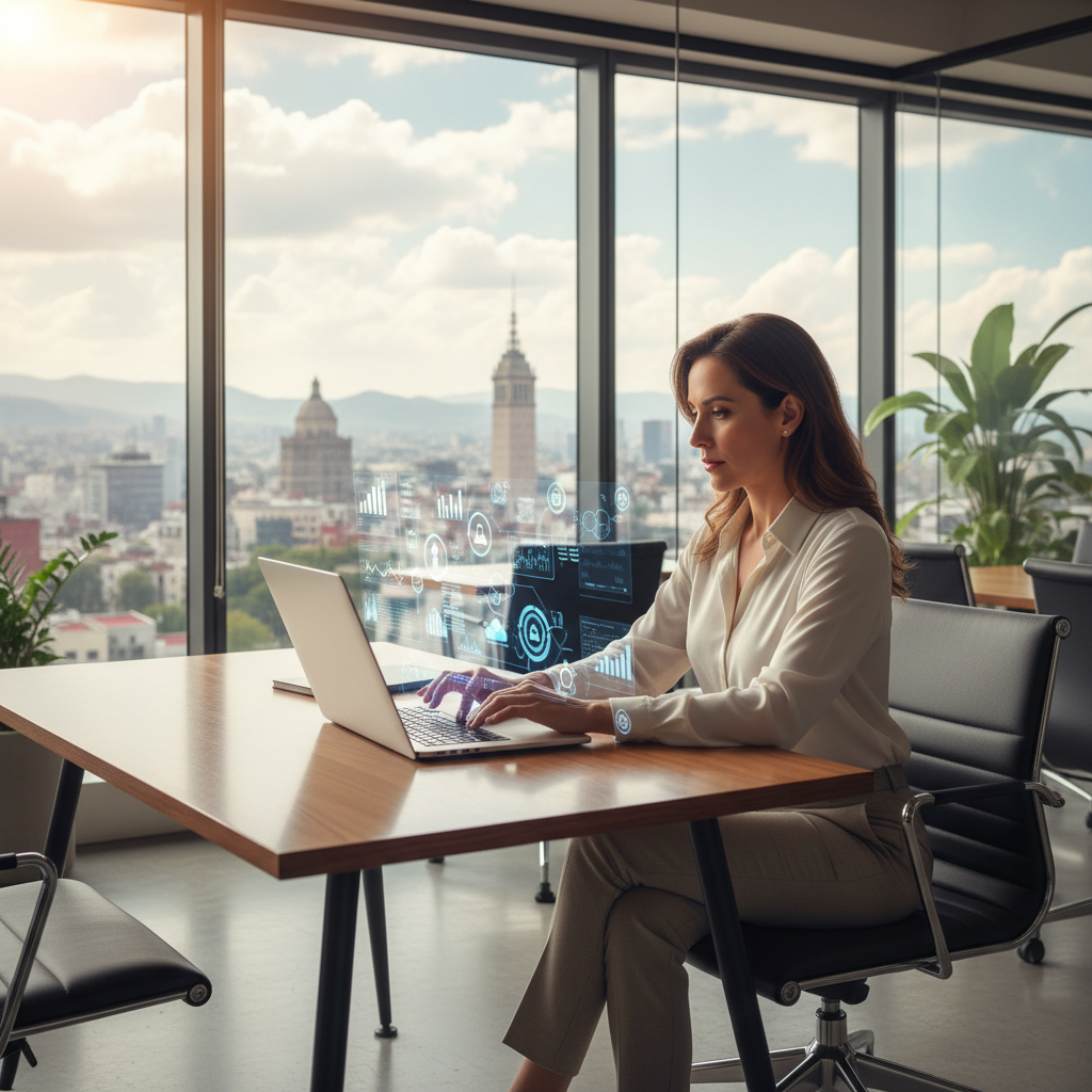 A photorealistic image of a modern Mexican office environment where a professional businesswoman is sitting at a desk using a laptop to access cloud-based software, with subtle elements like digital icons representing SaaS services floating in the background, conveying the concept of subscribing to software services in a business context. No children are present in the image.