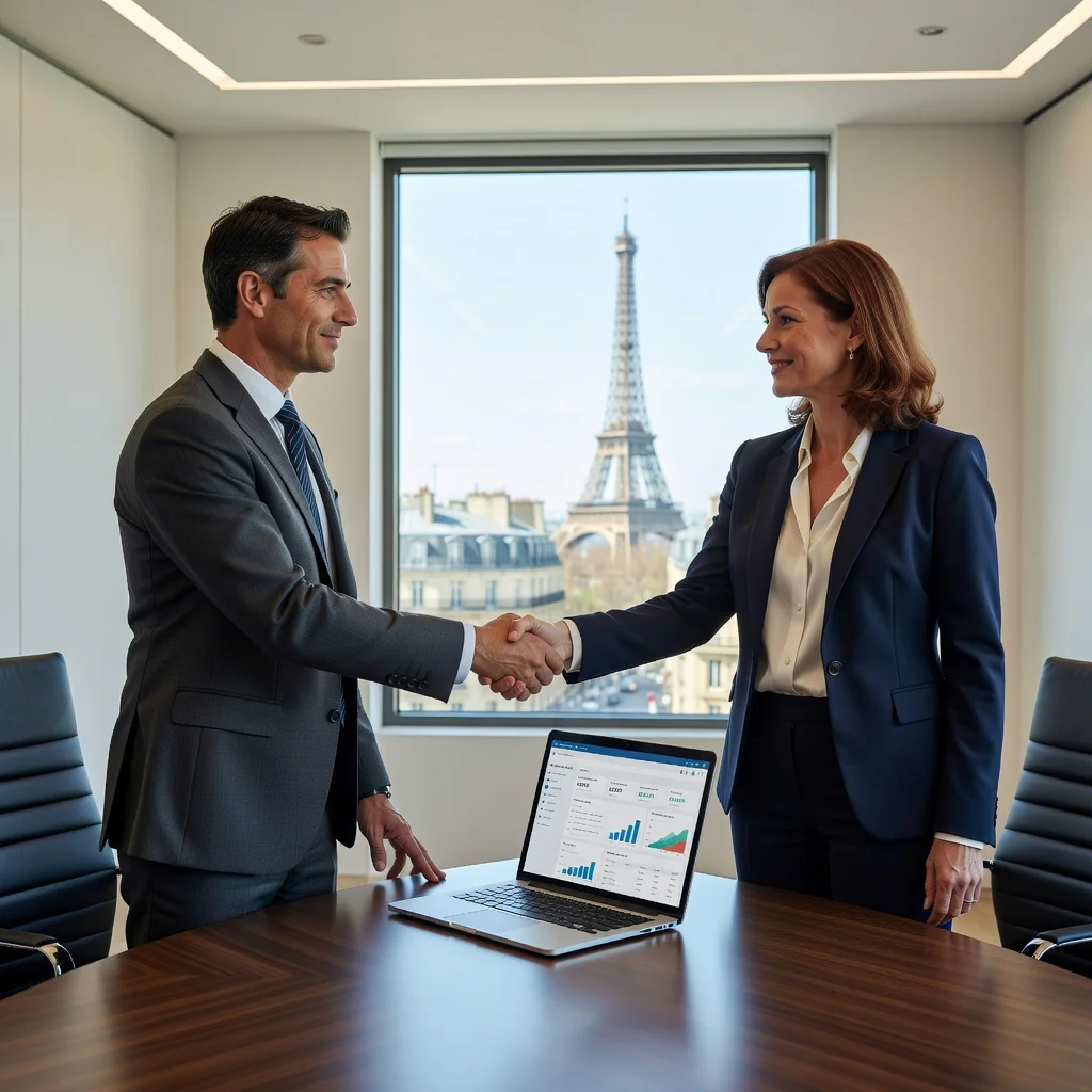 A photorealistic image of a professional business meeting in a modern French office, where two adults are shaking hands over a laptop displaying a SaaS dashboard, symbolizing a subscription agreement for software services, with subtle French elements like a Eiffel Tower view in the background, conveying trust and partnership in a legal context.