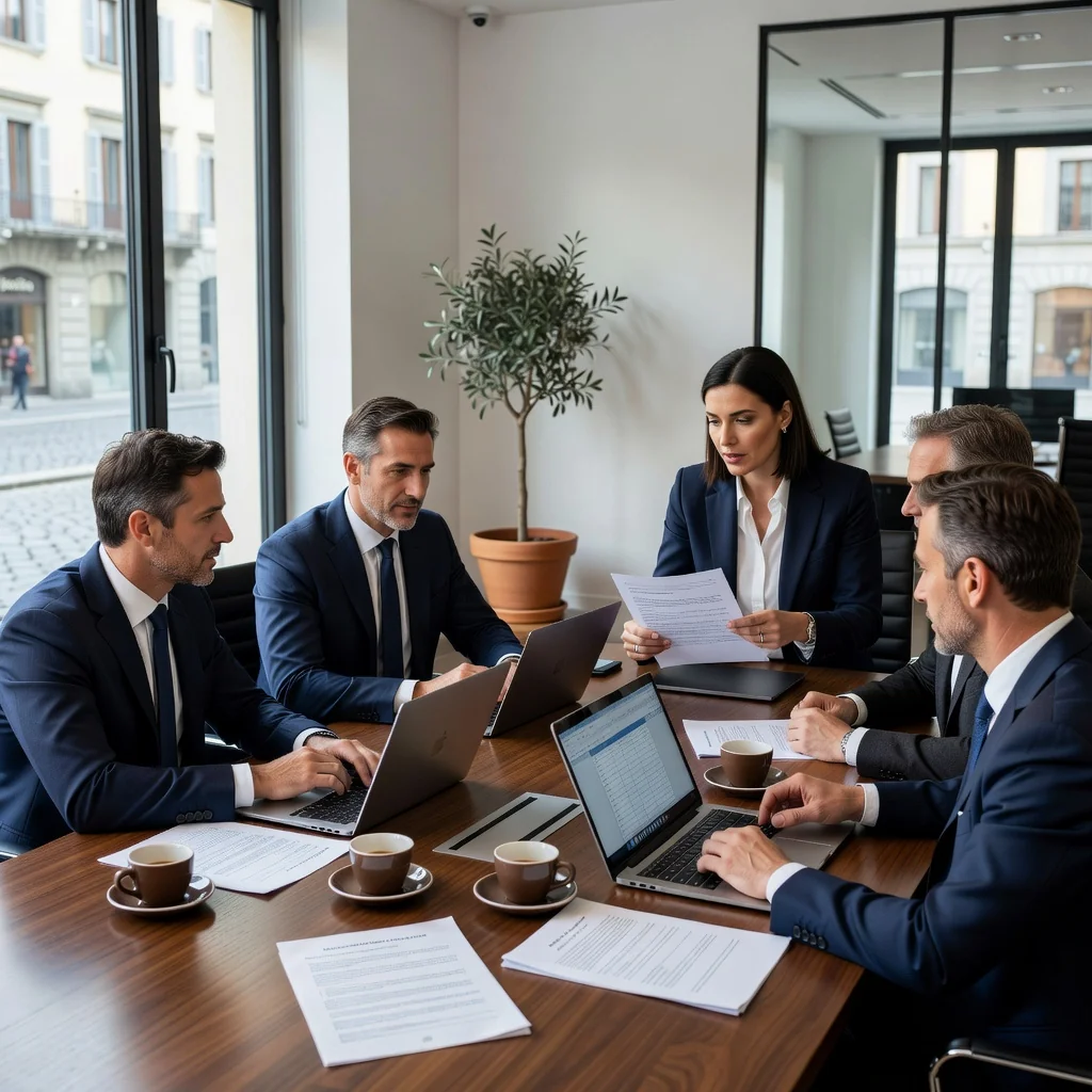 A professional business meeting in a modern Italian office, where adults are discussing SaaS subscription agreements on laptops and tablets, symbolizing legal compliance and digital services in Italy. The scene captures collaboration among professionals, with subtle Italian elements like a view of Rome or Milan skyline in the background.