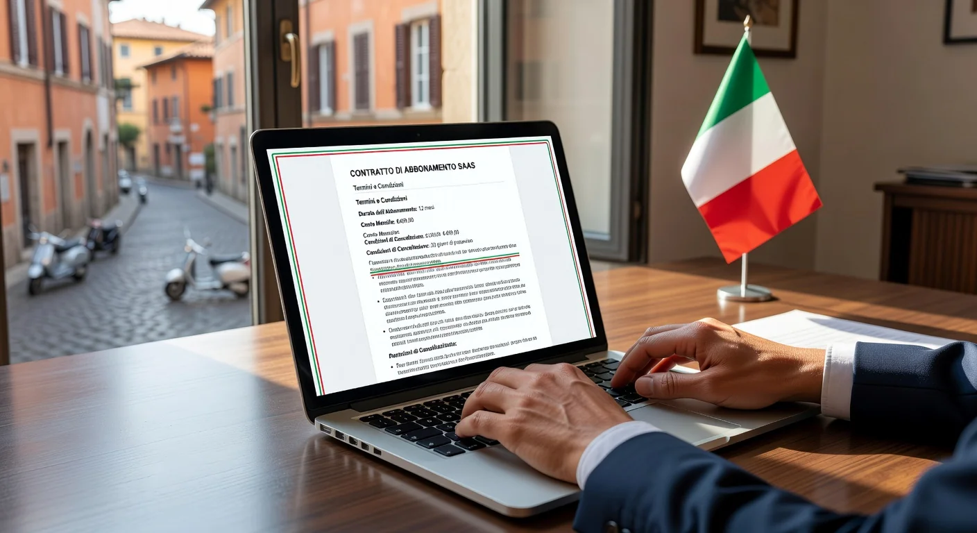 Digital SaaS contract icons on Italian flag