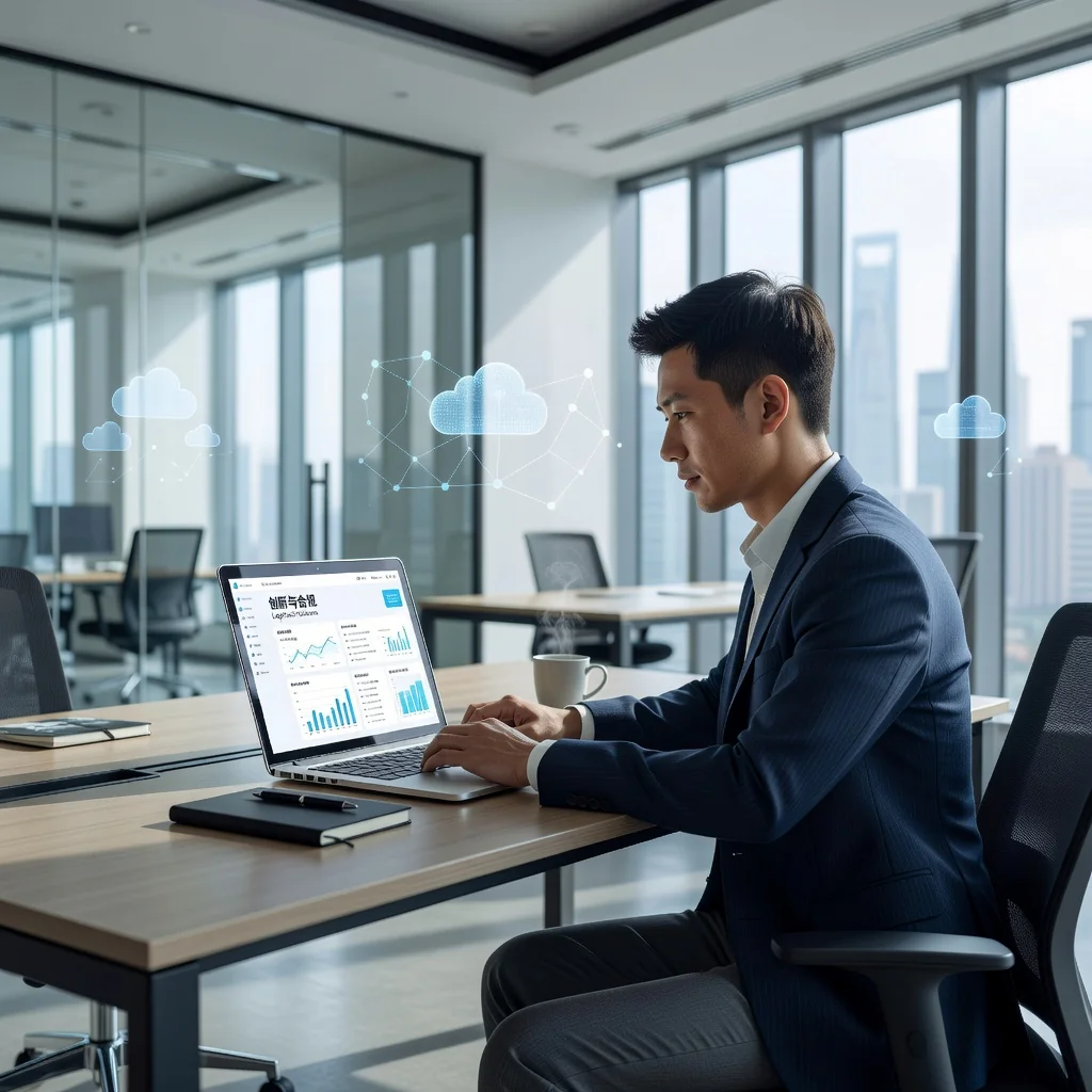 A photorealistic image of a professional Chinese businessperson in a modern office in China, reviewing a SaaS subscription agreement on a laptop, symbolizing the legal aspects of software services without focusing on the document itself. The scene includes elements like Shanghai skyline in the background, emphasizing innovation and technology in the Chinese market.