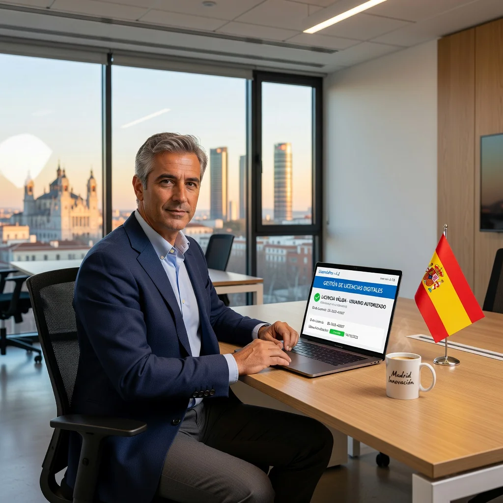 A photorealistic image representing the concept of an End User License Agreement in Spain, focusing on a professional adult user safely accessing and using software on a computer in a modern office setting, symbolizing digital rights and licensing without showing any legal documents.