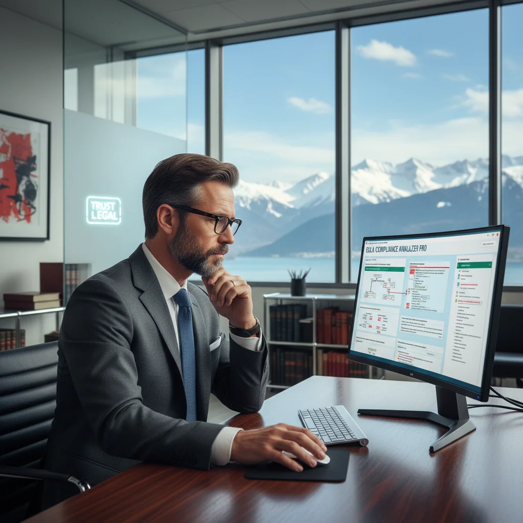 A photorealistic image of a professional Swiss lawyer or legal consultant in a modern office setting in Switzerland, reviewing a digital end-user license agreement on a computer screen, with Swiss Alps visible through the window in the background, symbolizing legal compliance and technology in the Swiss context. The scene conveys trust, professionalism, and adherence to legal standards without focusing on the document itself.