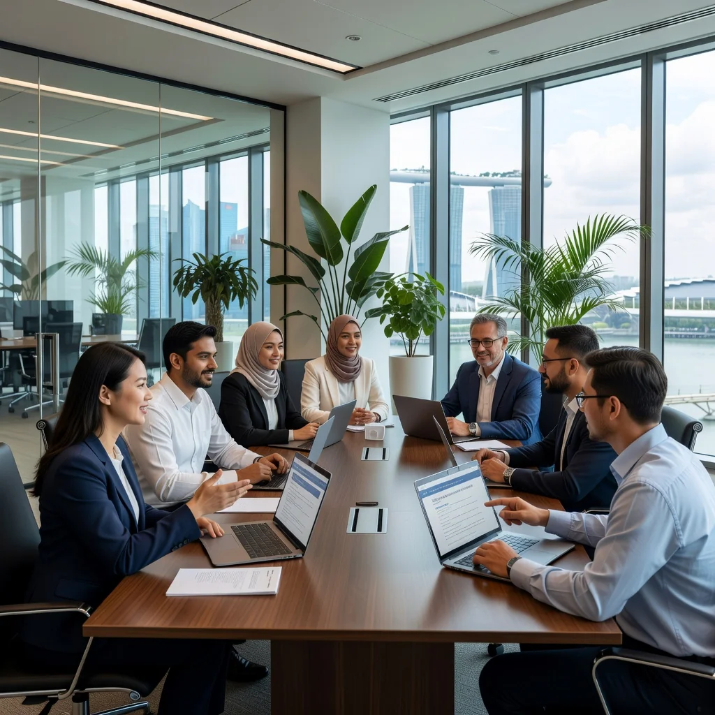 A professional scene representing the agreement and compliance in software usage under end-user license agreements in Singapore. Depict a diverse group of adult professionals in a modern Singapore office, such as a tech hub with subtle city skyline views, reviewing digital interfaces on computers, symbolizing user consent and legal protection in software licensing. No children in the image. The image must be photorealistic, like a high-resolution photograph, not graphics, illustrations, or drawings.