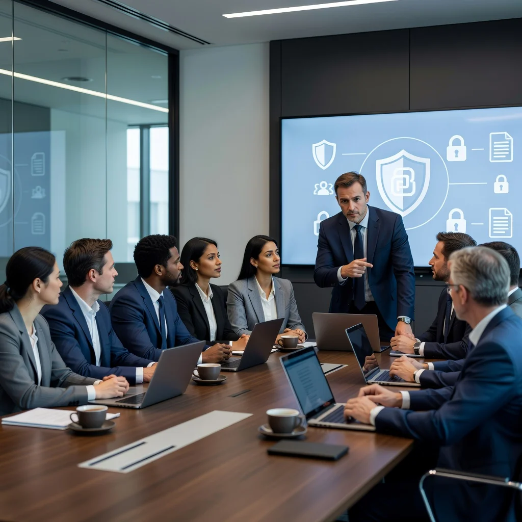 A professional business meeting in a modern conference room where adults are discussing a software agreement, symbolizing the purpose of End User License Agreements (EULAs) in protecting user rights and software usage terms under US law. The scene conveys trust, compliance, and digital protection without showing any legal documents.