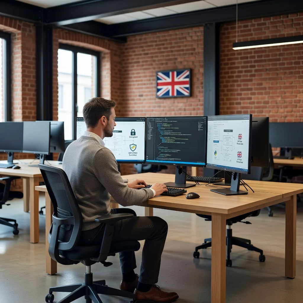 A photorealistic image of a professional software developer in a modern UK office, sitting at a desk with multiple computer screens displaying code and software interfaces, surrounded by elements like a Union Jack flag subtly in the background to represent the UK setting, symbolizing compliance and business in software development, no legal documents visible, no children present.
