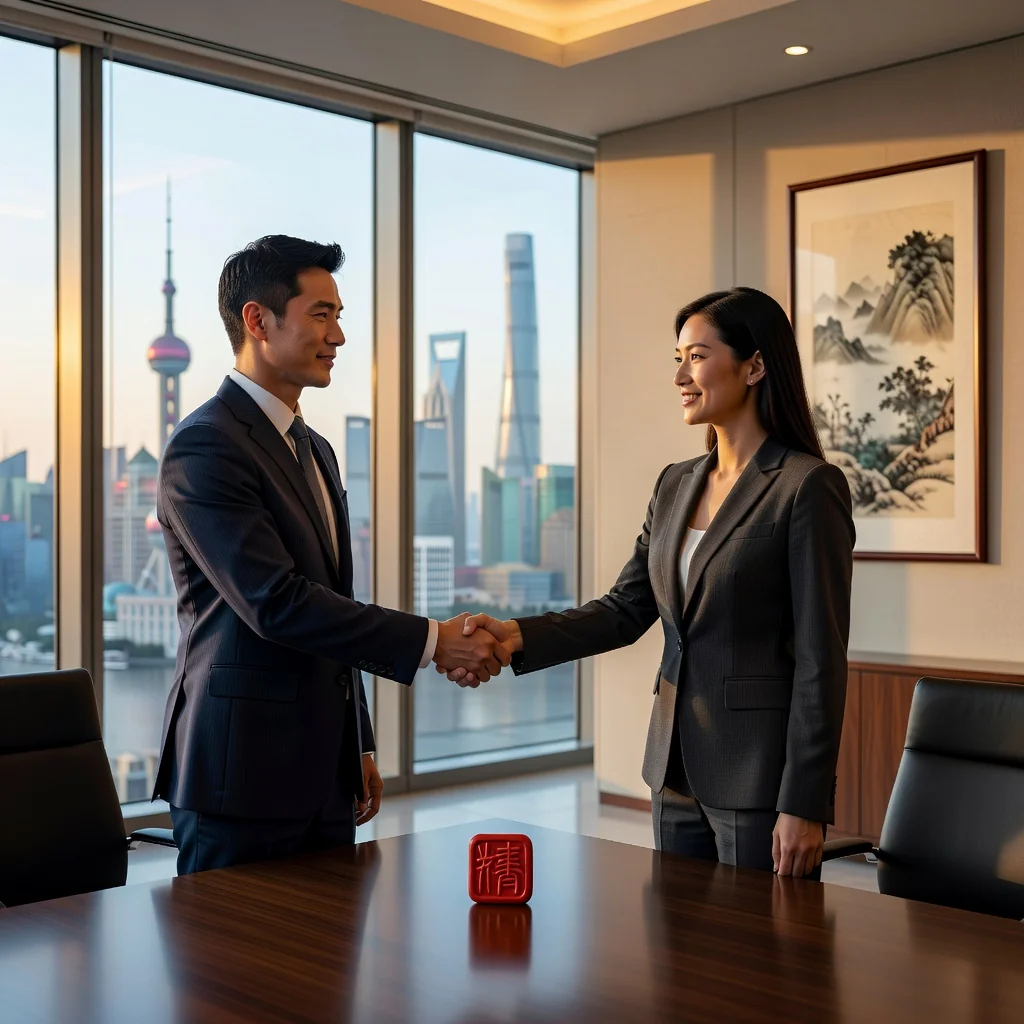 A photorealistic image symbolizing trust, agreement, and protection in the digital realm for end-user license agreements in China, featuring a professional adult Chinese businessperson confidently shaking hands with a partner in a modern office setting with subtle Chinese cultural elements like a traditional ink painting in the background, conveying security and mutual understanding without showing any legal documents.