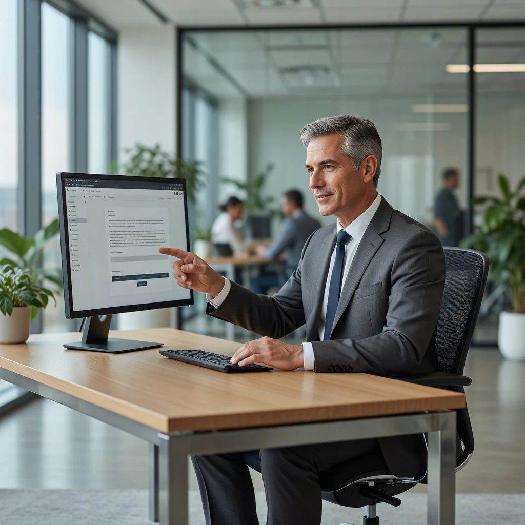 A photorealistic image of a professional adult user sitting at a modern desk in an office, confidently reviewing and accepting terms on a computer screen displaying a software license interface, symbolizing the agreement process in end-user license agreements, with no children present.