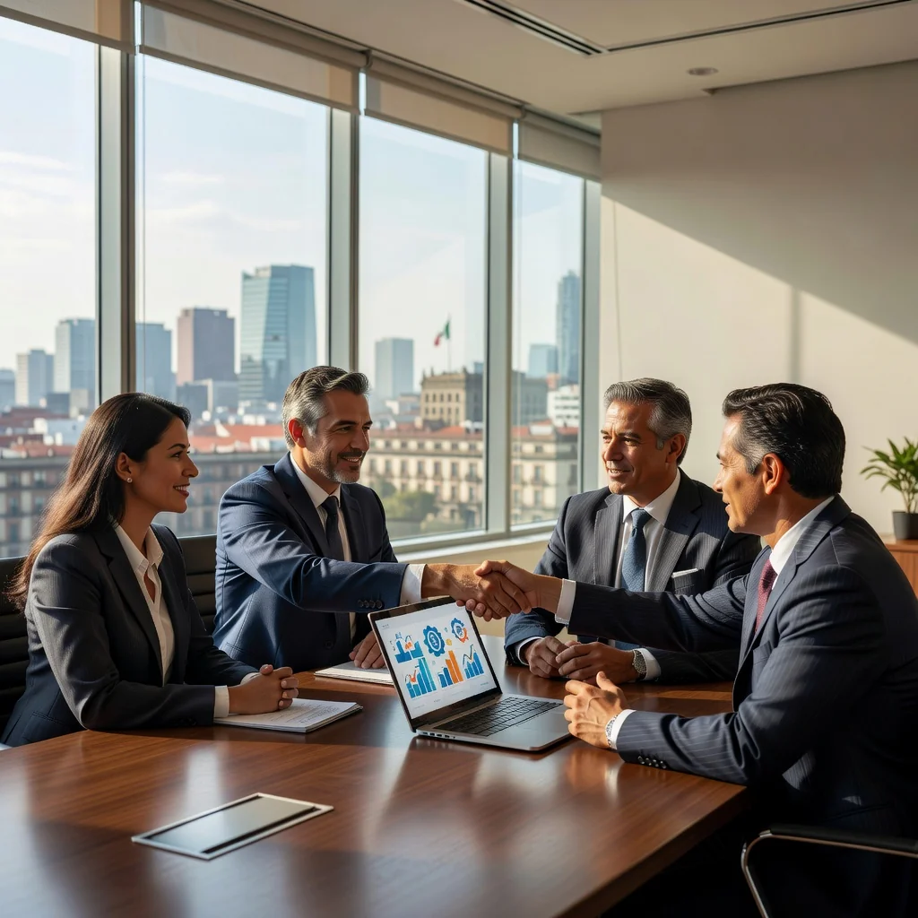 A photorealistic image depicting a professional business meeting in a modern Mexican office, where diverse adults are discussing and shaking hands over a laptop, symbolizing agreement and licensing in a corporate context, with subtle Mexican cultural elements like a flag or cityscape in the background. No children are present.
