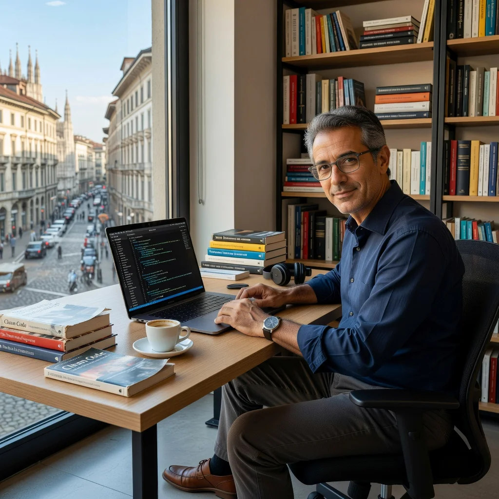 A photorealistic image of a professional Italian software developer in a modern office in Italy, sitting at a desk with a computer, reviewing code on the screen, symbolizing the effective licensing of software through a contract, with subtle Italian elements like a flag or architecture in the background, no legal documents visible, no children present.