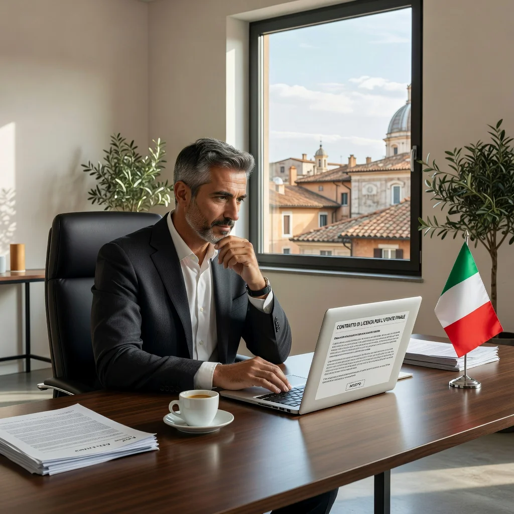 A photorealistic image of a professional adult user in a modern office setting in Italy, sitting at a desk with a computer, reviewing software terms on the screen, symbolizing the agreement to an End User License Agreement, with subtle Italian elements like a flag or architecture in the background. No children present.