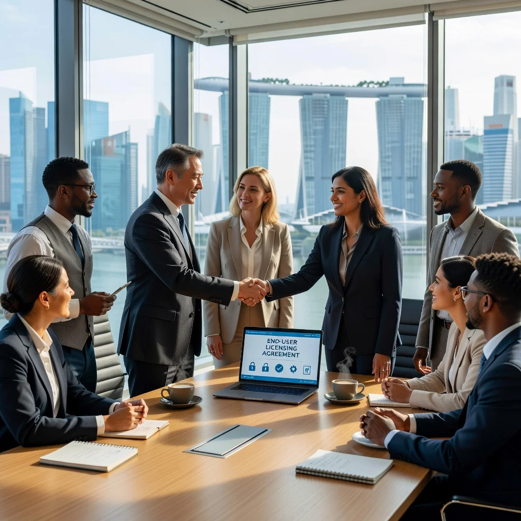 A photorealistic image depicting a professional business meeting in a modern Singapore office, where adults are discussing and shaking hands over a software agreement, symbolizing trust and partnership in technology licensing under Singapore law. No children are present. The scene captures the essence of legal agreements in business without showing any documents.