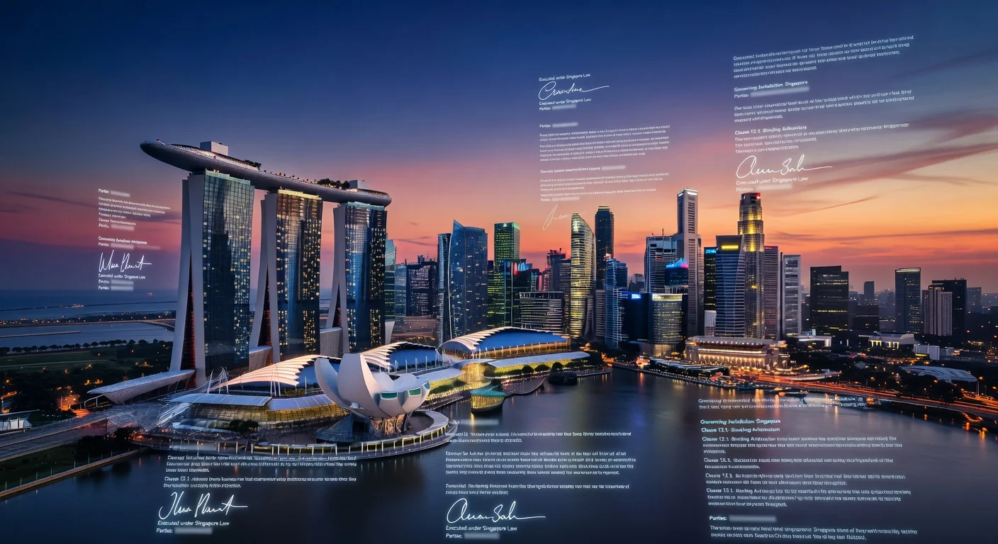 Singapore skyline with contract symbols