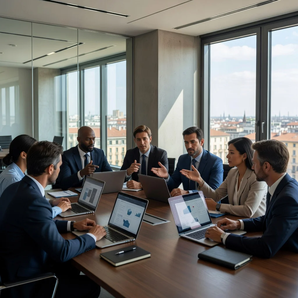A photorealistic image representing rights and obligations in Italian EULA software licenses, showing a diverse group of adult professionals in a modern office setting, discussing terms on laptops, symbolizing user-software agreements without displaying any documents.