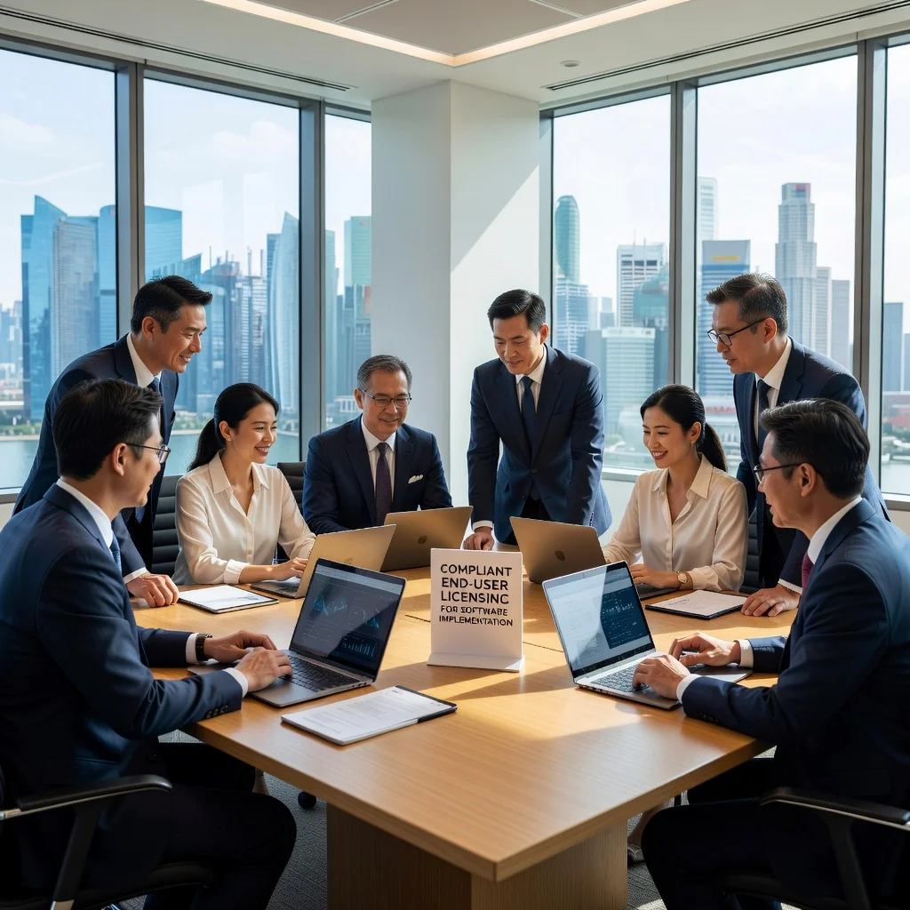 A professional scene in a modern Singapore office, showing a diverse group of adult software developers collaborating on a digital project, symbolizing the protection and compliance of end-user software licensing agreements, with no legal documents visible.