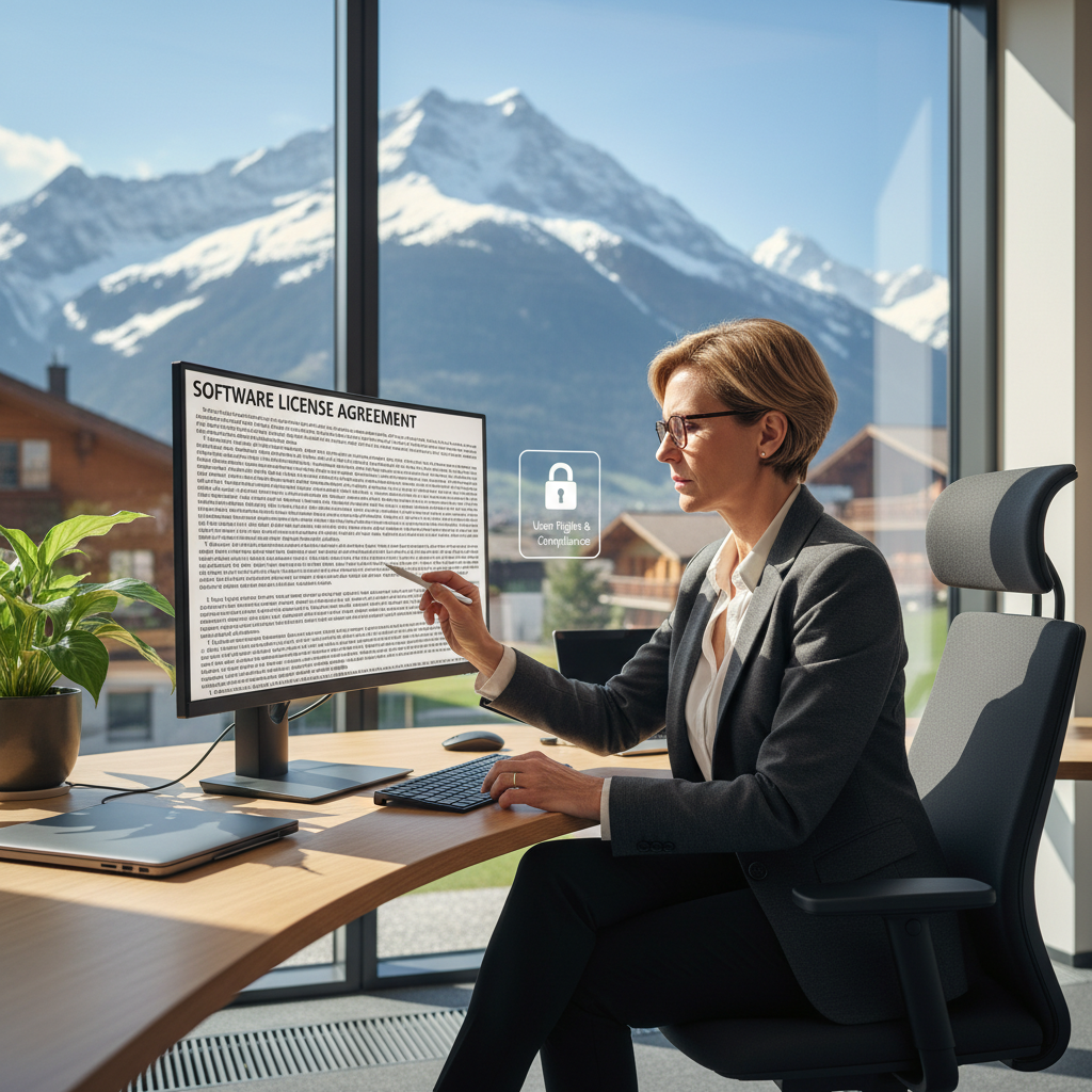 A photorealistic image of a professional adult user in a modern office setting, sitting at a desk with a computer, reviewing software terms on the screen, symbolizing the acceptance of an end-user license agreement, with a subtle Swiss flag in the background to indicate the Swiss context, conveying trust and compliance in digital software usage.