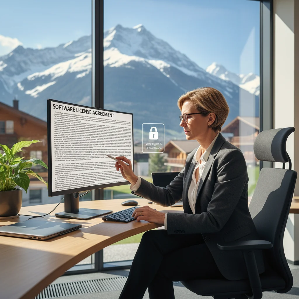 A photorealistic image of a professional adult user in a modern office setting, sitting at a desk with a computer, reviewing software terms on the screen, symbolizing the acceptance of an end-user license agreement, with a subtle Swiss flag in the background to indicate the Swiss context, conveying trust and compliance in digital software usage.
