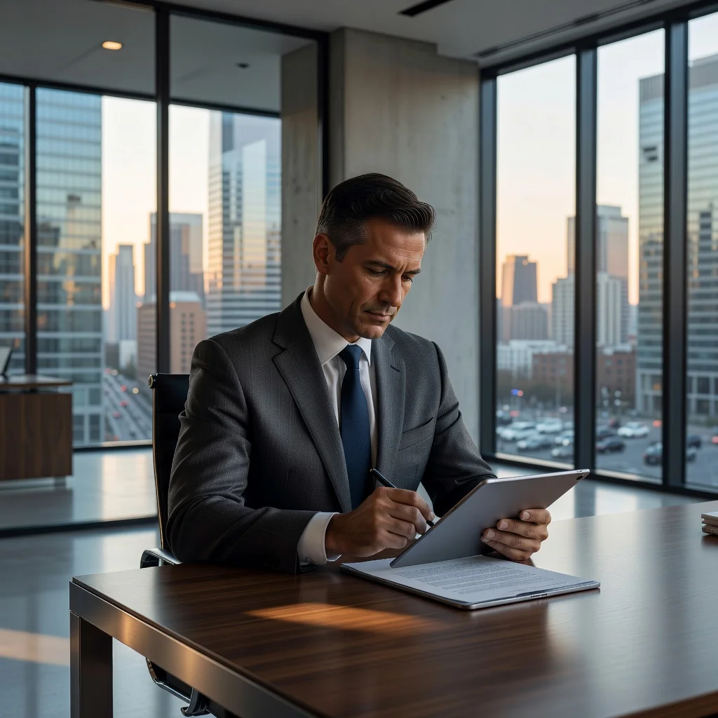 A photorealistic image of a professional adult individual in a modern office setting, carefully reviewing and signing a business license agreement on a tablet, symbolizing compliance with legal end-user obligations, with no documents or text visible, emphasizing responsibility and professionalism.