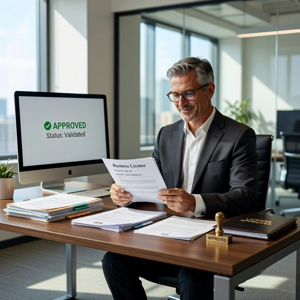 A photorealistic image of a professional adult individual in a modern office setting, confidently reviewing a business license document on a desk with computer and office supplies in the background, symbolizing the successful obtainment of a valid end-use license. No children present.