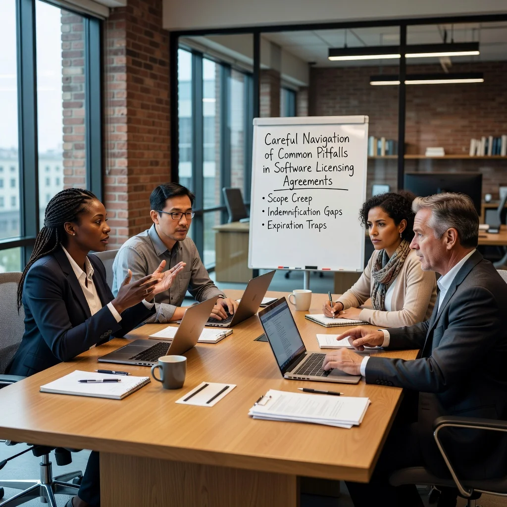 A professional business meeting in a modern office where a diverse group of adults is discussing software agreements, symbolizing careful drafting of end-user license agreements to avoid pitfalls, with laptops and documents on the table but no focus on the legal text itself.