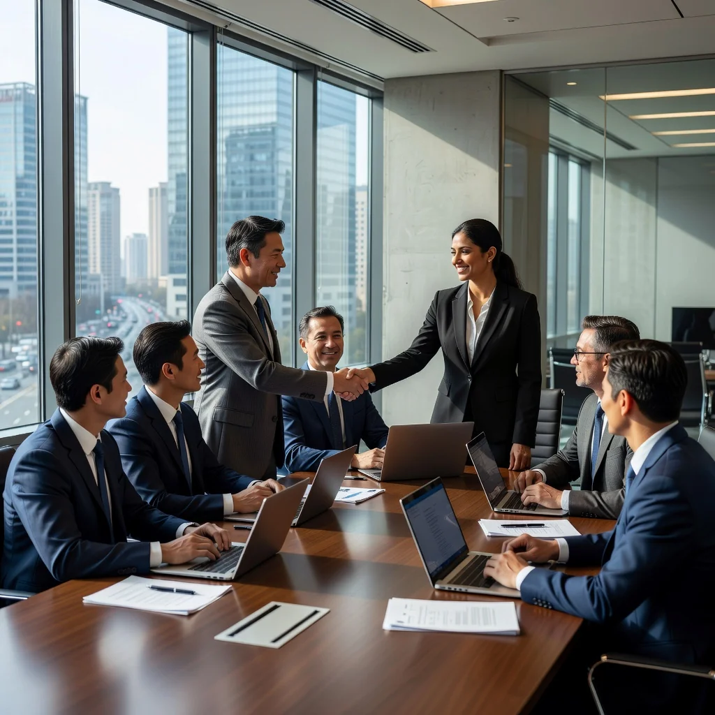 A professional business meeting in a modern Chinese office, where adults are discussing agreements with handshakes and documents on the table, symbolizing end-user license agreements and legal compliance in a corporate setting.