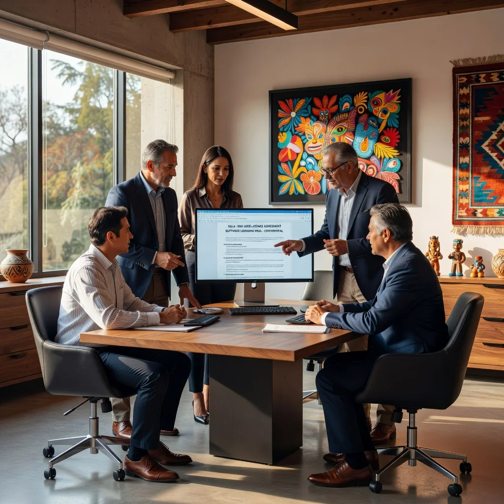 A photorealistic image representing the concept of software licensing agreements in a Mexican business context, showing a diverse group of adult professionals in a modern office in Mexico City, collaborating on a laptop with software icons subtly in the background, symbolizing protection and agreement in digital licensing, no children present.