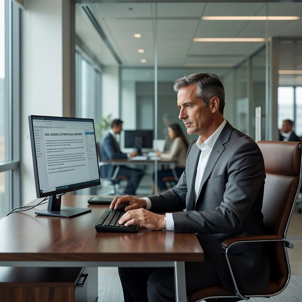 A professional adult businessperson in a modern office setting, reviewing a digital software interface on a computer screen, symbolizing the agreement and use of licensed software under an End User License Agreement, with elements like code snippets or app icons visible but no actual documents or text.