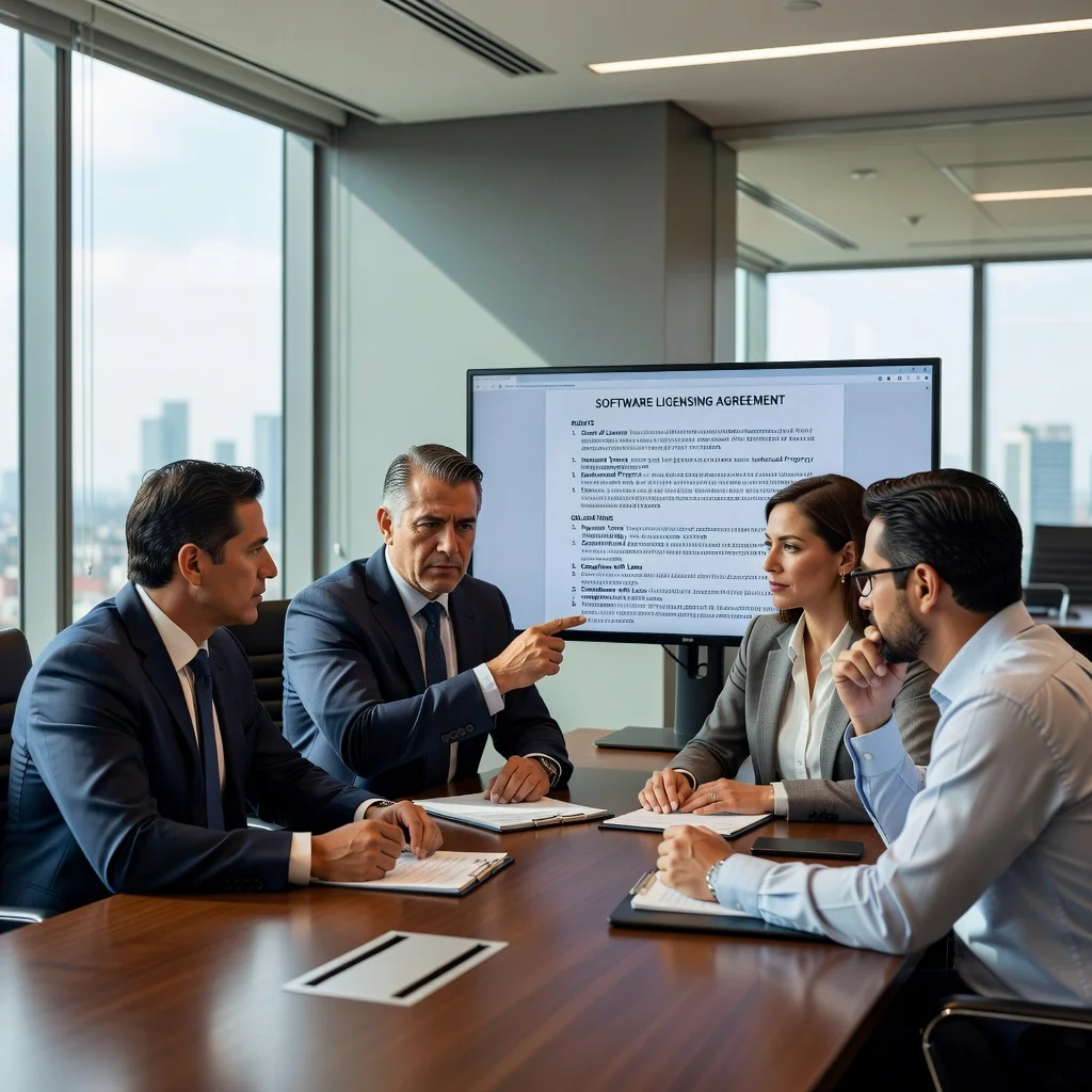 A photorealistic image depicting a diverse group of adult professionals in a modern Mexican office setting, reviewing a licensing agreement on a laptop, symbolizing rights and obligations under a user license agreement in Mexico. The scene conveys trust, collaboration, and legal compliance, with elements like the Mexican flag subtly in the background.