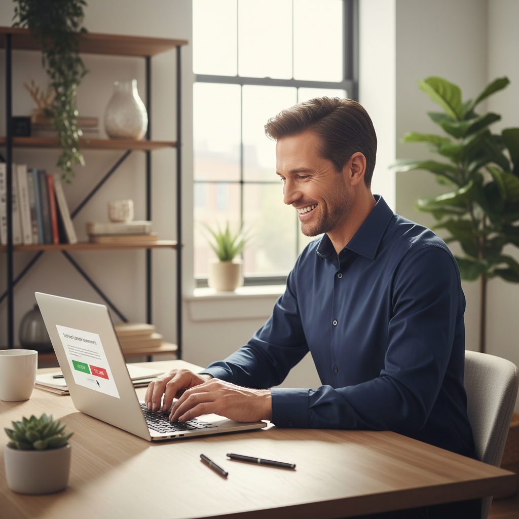 A photorealistic image of a professional adult user sitting at a modern desk in an office, happily using a laptop computer with software installed, symbolizing the agreement to end-user license terms for software usage, no legal documents visible, bright and positive atmosphere.