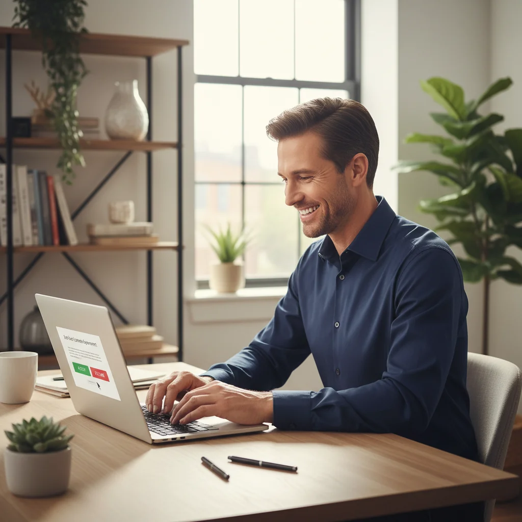 A photorealistic image of a professional adult user sitting at a modern desk in an office, happily using a laptop computer with software installed, symbolizing the agreement to end-user license terms for software usage, no legal documents visible, bright and positive atmosphere.