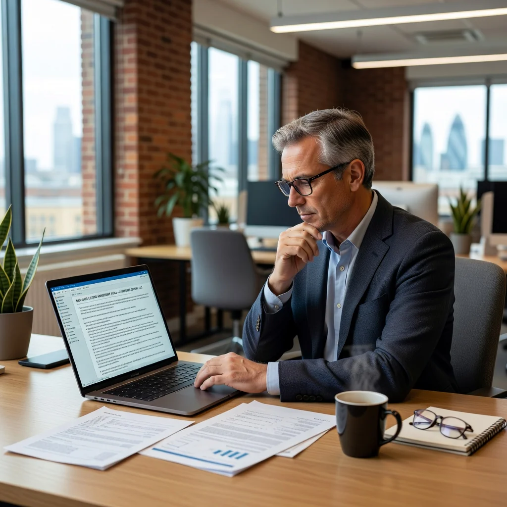 A photorealistic image of a professional adult in a modern office setting, reviewing a digital license agreement on a computer screen, symbolizing the understanding and agreement to end-user license terms in the UK, with no children present and no focus on the document itself.